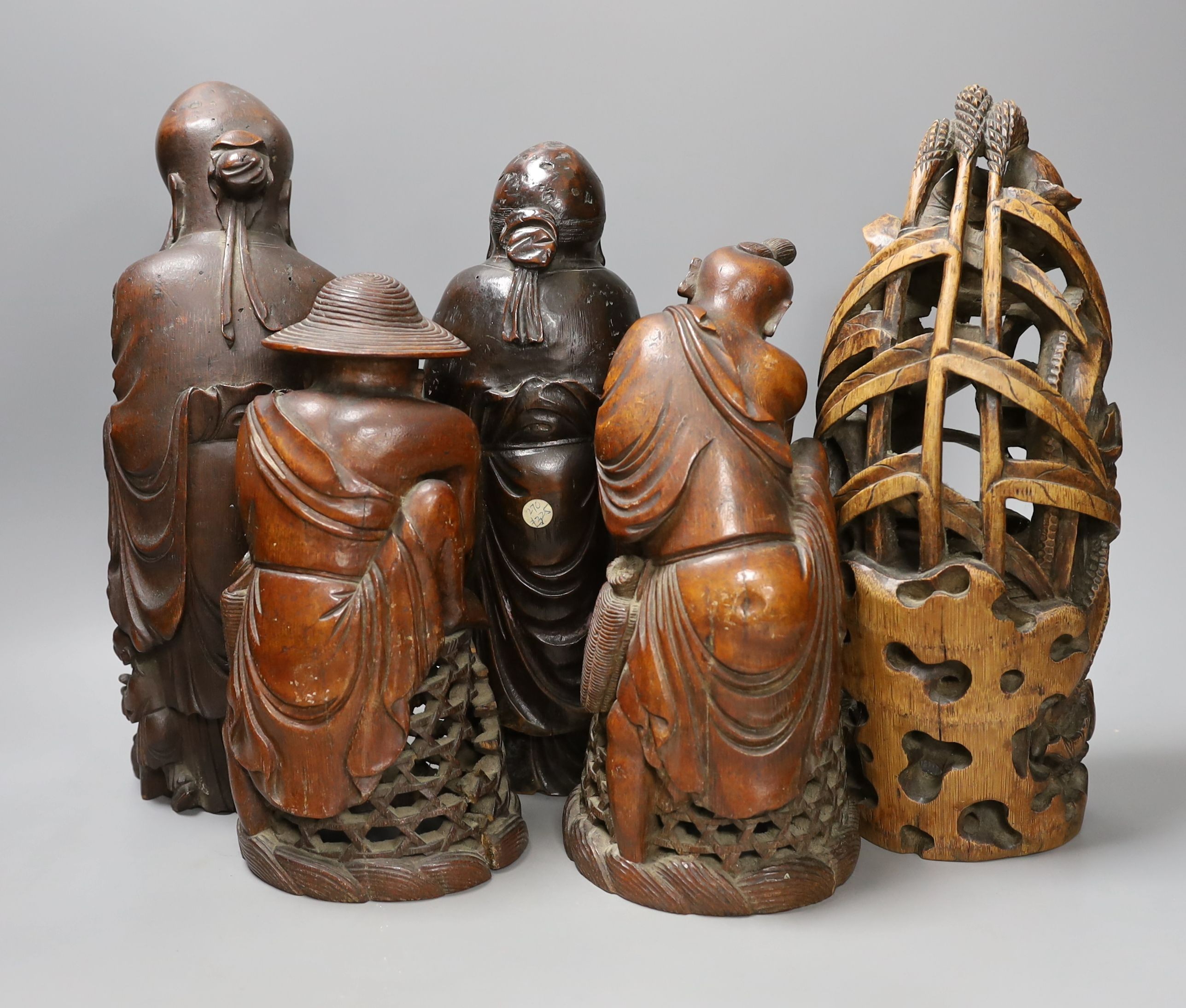 Five Chinese bamboo carvings of fishermen, immortals and a duck, 19th/20th century - tallest 32cm